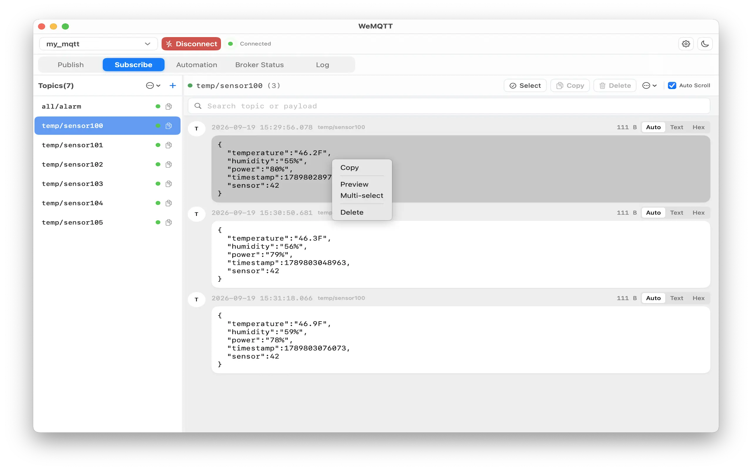 WeMQTT Subscribe message list